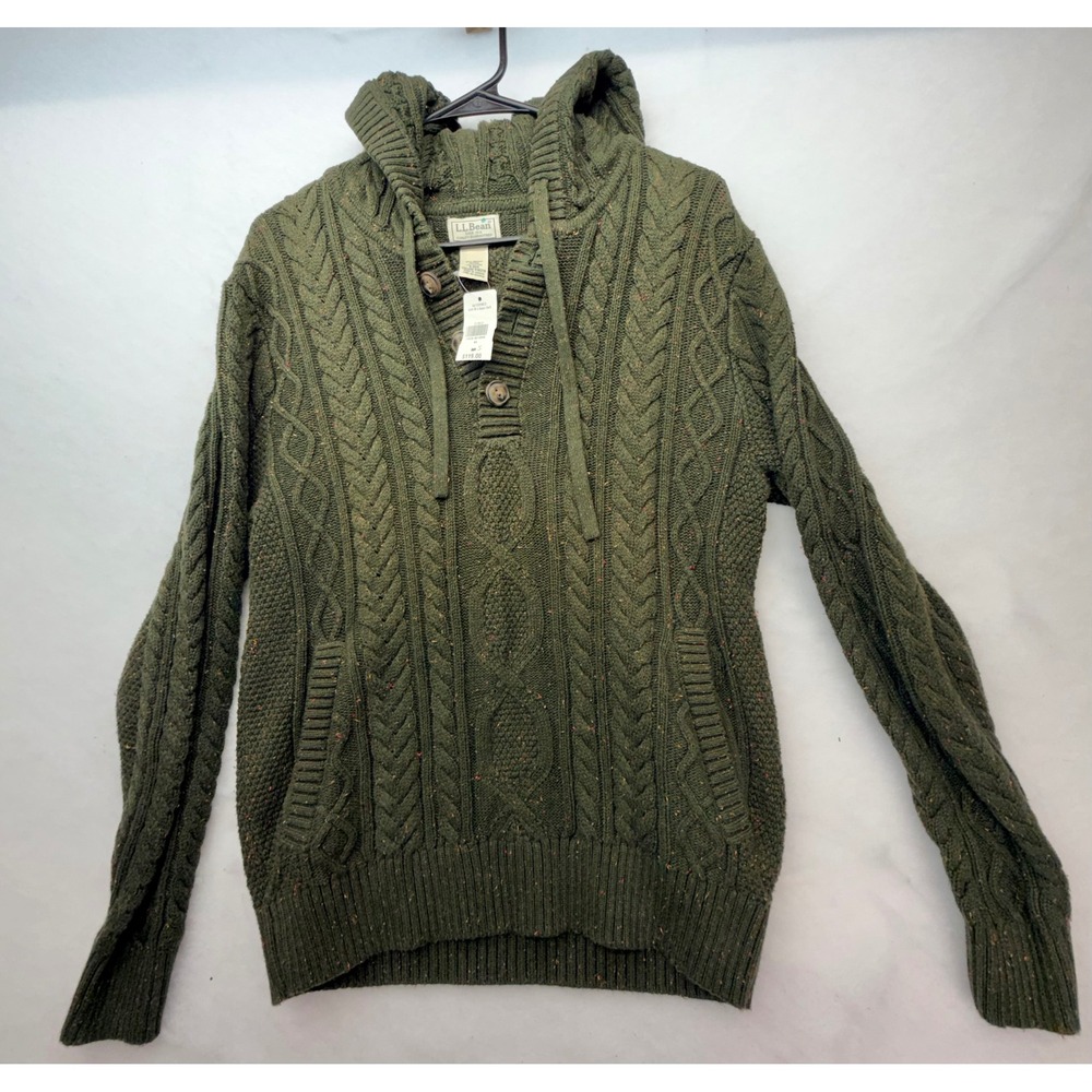 LL Bean Mens Small Green Cable Knit Hoodie Sweater Organic Cotton Speckled -NWT